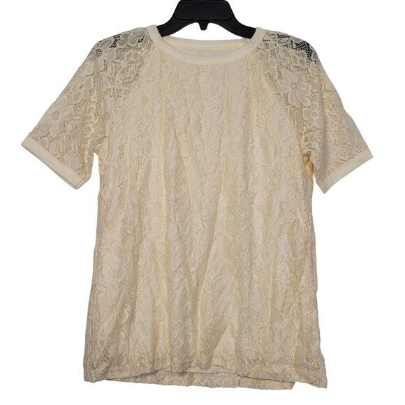 Women's Ivory Floral Lace Short-Sleeve Top With Inner Lining - Elegant Small - Picture 1 of 10